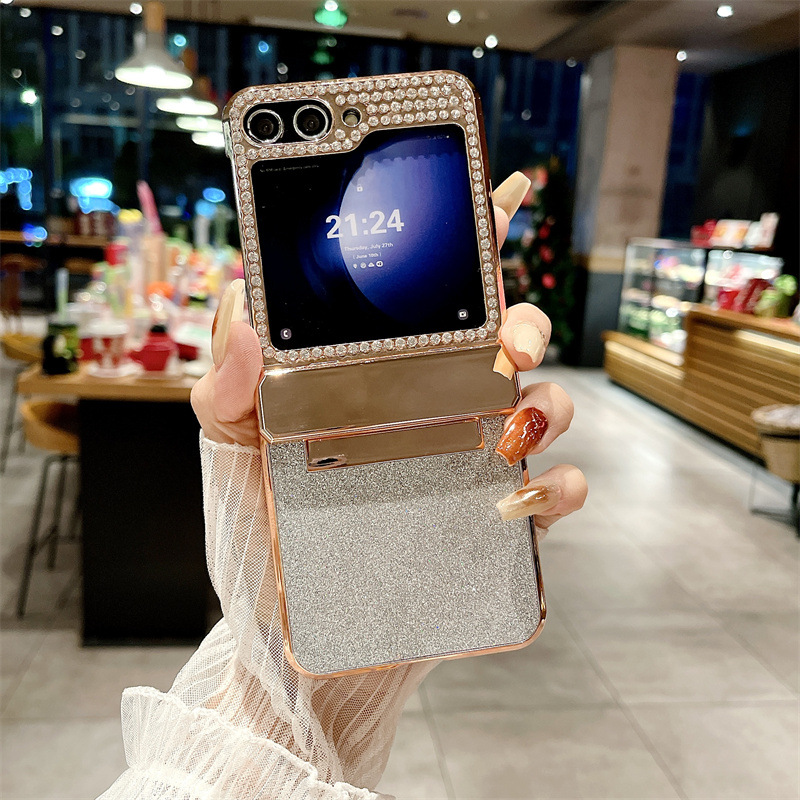 Compatible with Samsung ZFlip 6 phone case, ZFLIP 5 foldable screen diamond leather hinge full-coverage drop-proof protective case - White glitter Samsung ZFlip 6