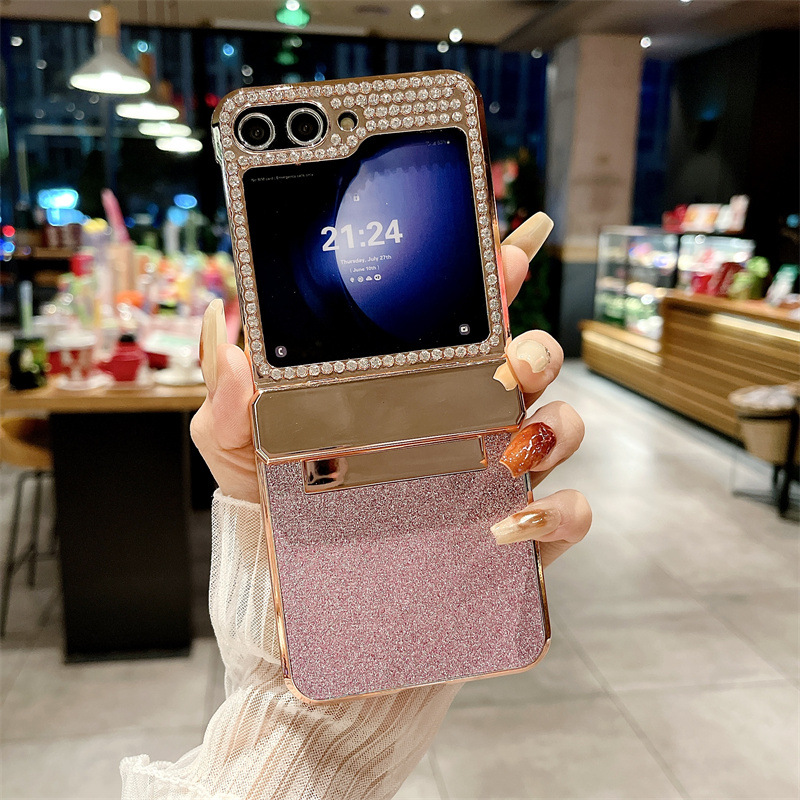 Compatible with Samsung ZFlip 6 phone case, ZFLIP 5 foldable screen diamond leather hinge full-coverage drop-proof protective case - Pink glitter Samsung ZFlip 6