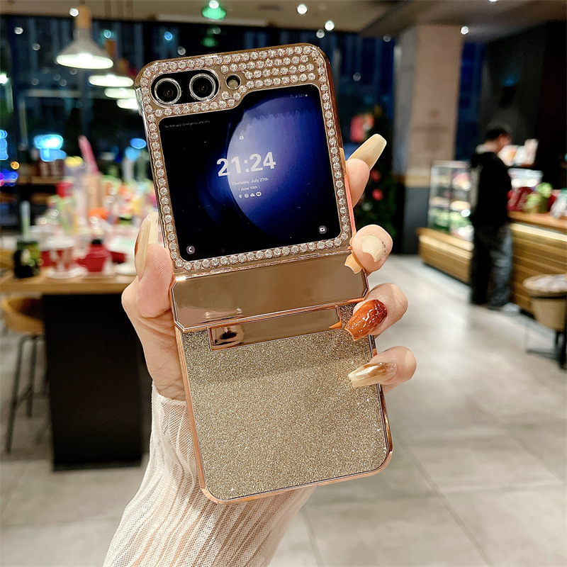 Compatible with Samsung ZFlip 6 phone case, ZFLIP 5 foldable screen diamond leather hinge full-coverage drop-proof protective case - Gold glitter Samsung ZFlip 6