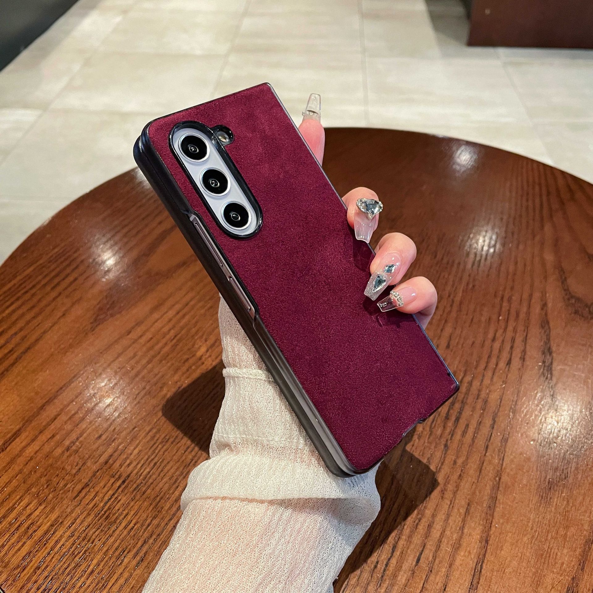 Samsung ZFold 5 Phone Case FOLD4 Folding Protective Case, Suede Shell, Vegan Leather, Solid Color, Ultra-thin Leather Case - Burgundy zfold5