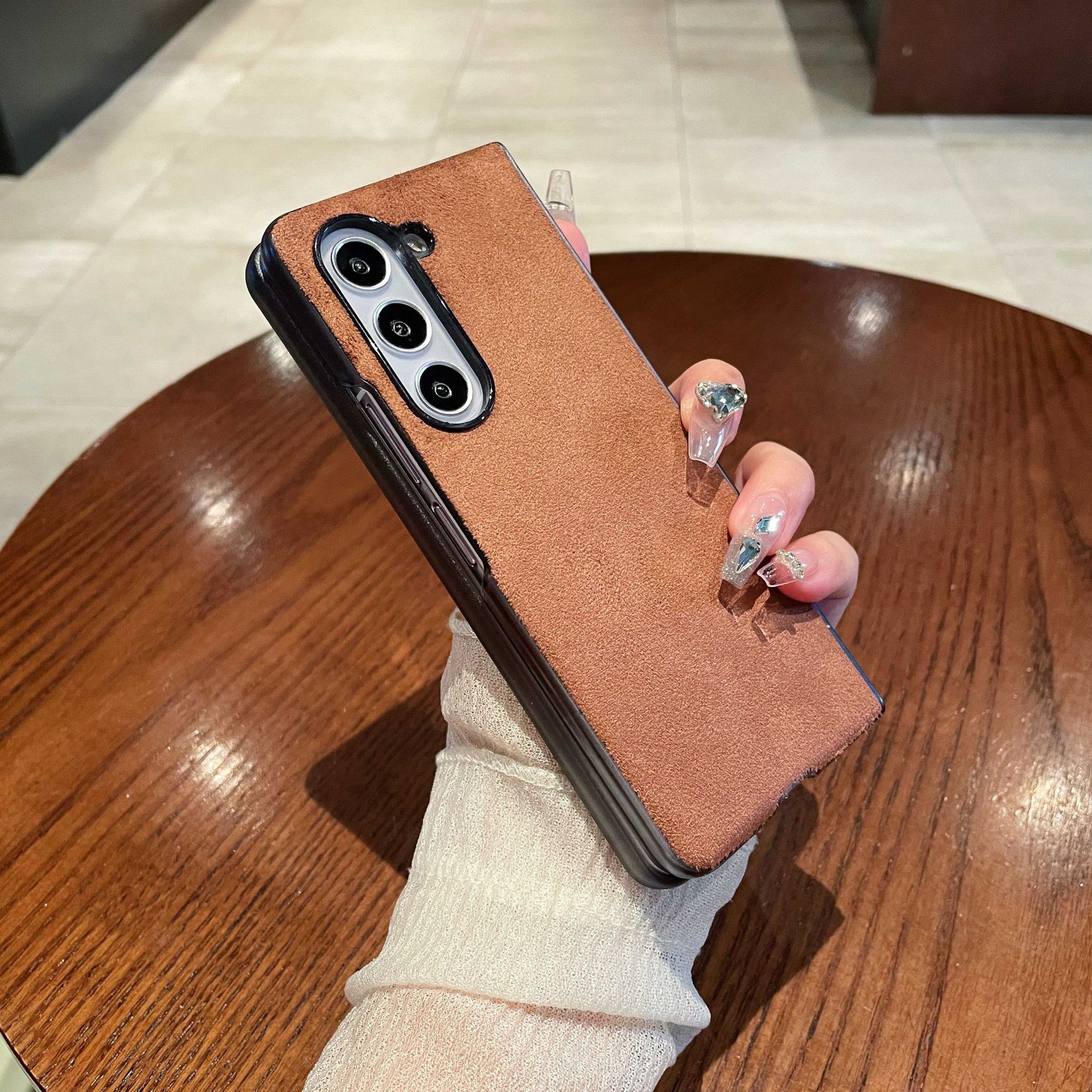 Samsung ZFold 5 Phone Case FOLD4 Folding Protective Case, Suede Shell, Vegan Leather, Solid Color, Ultra-thin Leather Case - Brown zfold5