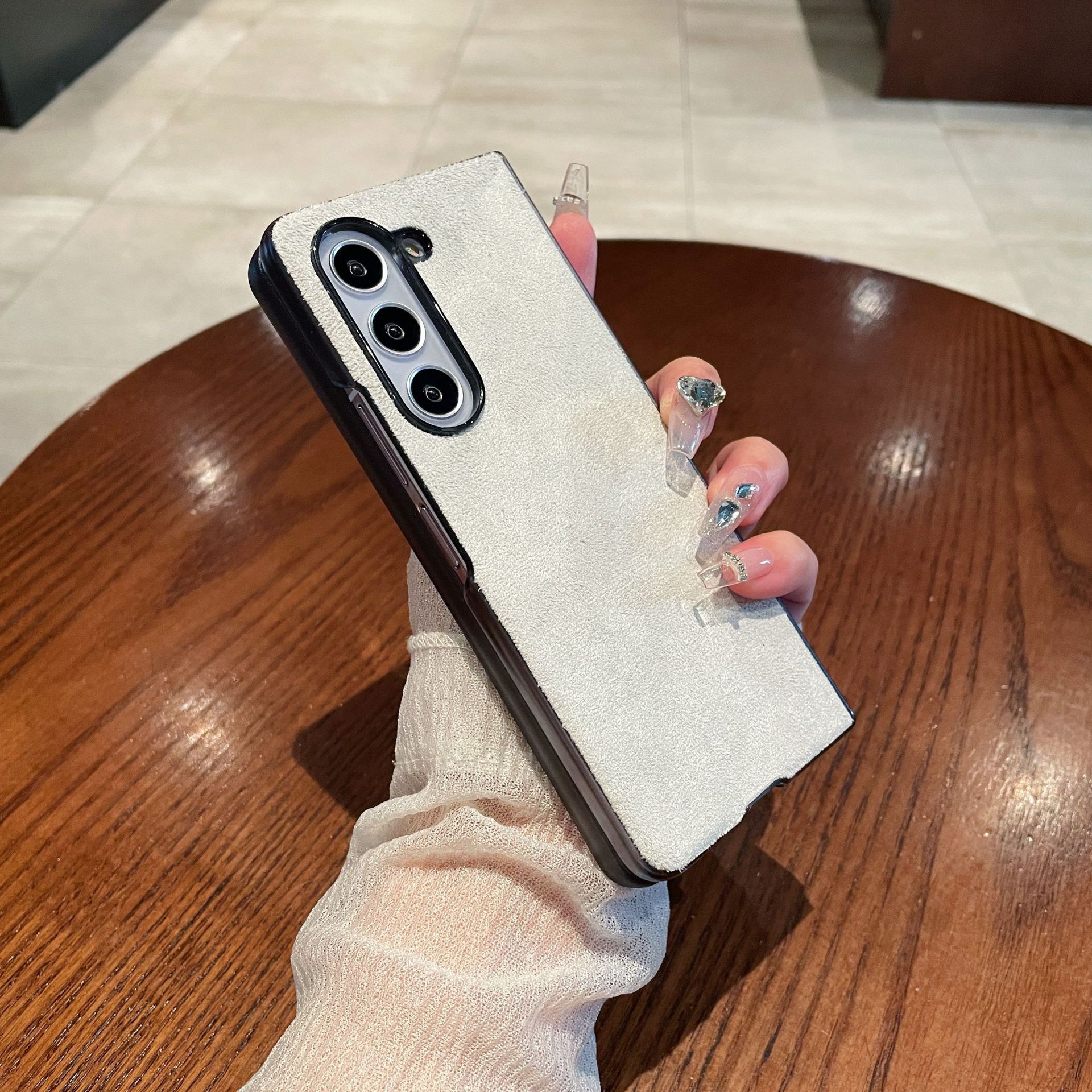 Samsung ZFold 5 Phone Case FOLD4 Folding Protective Case, Suede Shell, Vegan Leather, Solid Color, Ultra-thin Leather Case - White zfold5