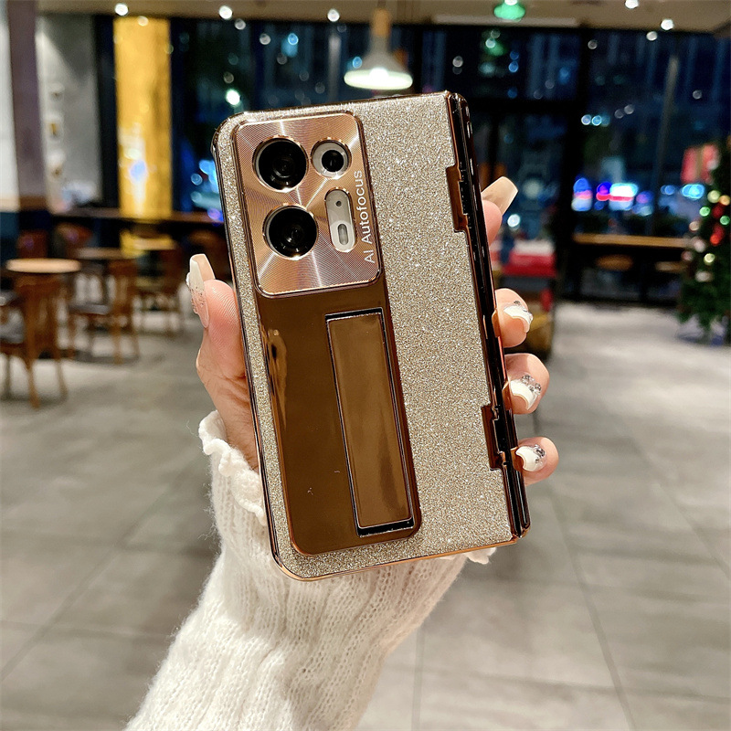 Compatible with OPPO Find N2 phone case, foldable screen protector, integrated glitter stand, drop-proof protective case - Golden glitter powder OPPO Find N2