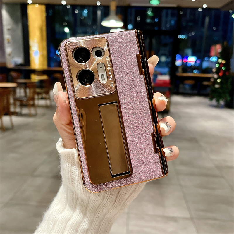Compatible with OPPO Find N2 phone case, foldable screen protector, integrated glitter stand, drop-proof protective case - Pink glitter powder OPPO Find N2