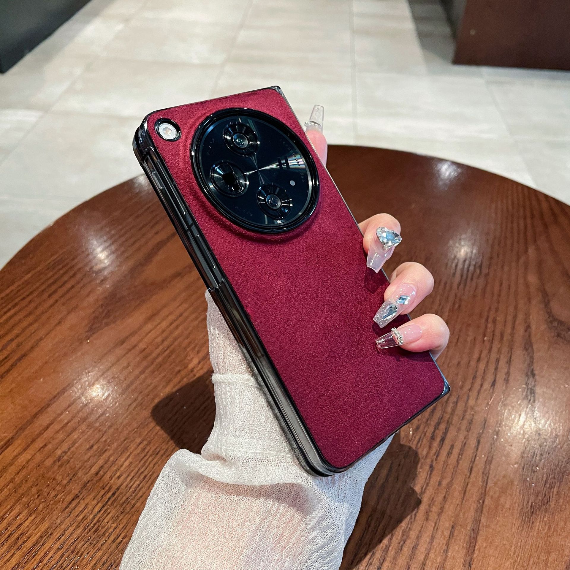 Compatible with OPPO Find N3 foldable phone case, FINDN3 suede solid color ultra-thin shockproof protective case - Burgundy OPPO Find N3