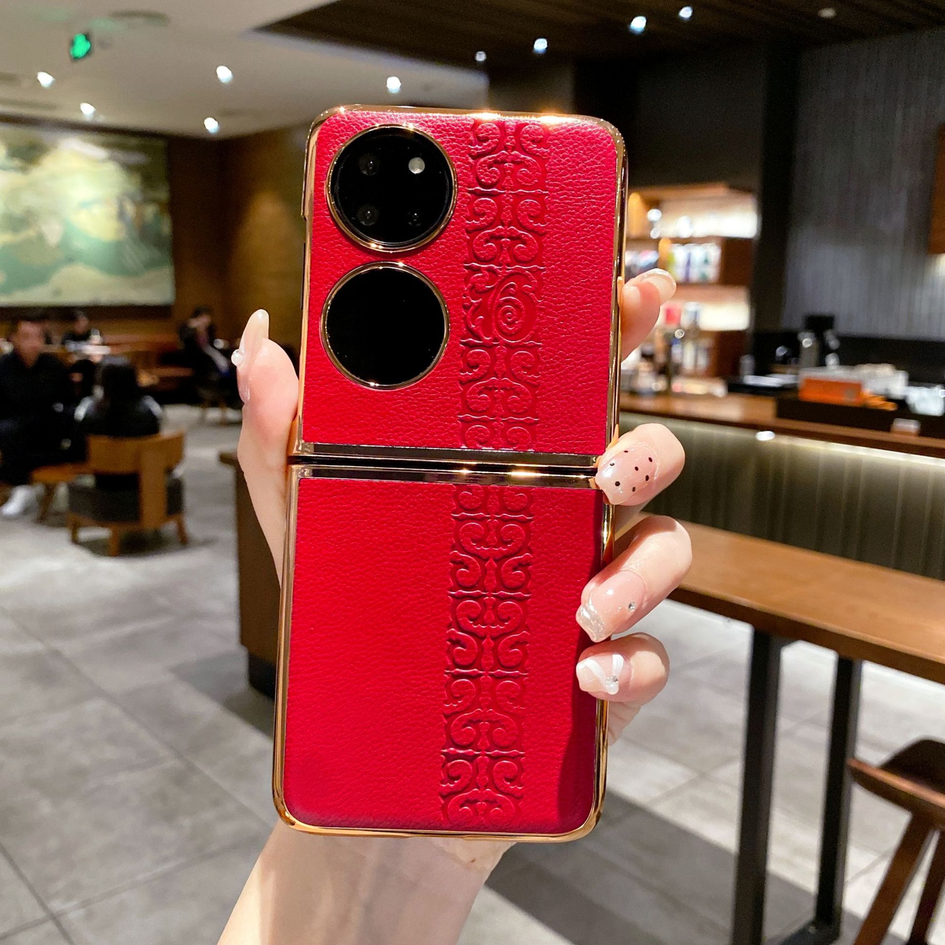 Huawei P50 Pocket Phone Case, P50 Treasure Box Foldable Screen Protective Leather Case, Vegan Leather with "Fu" Character, 5G Drop-Proof Applicable - Red "福" (Fu) character Huawei P50 pocket