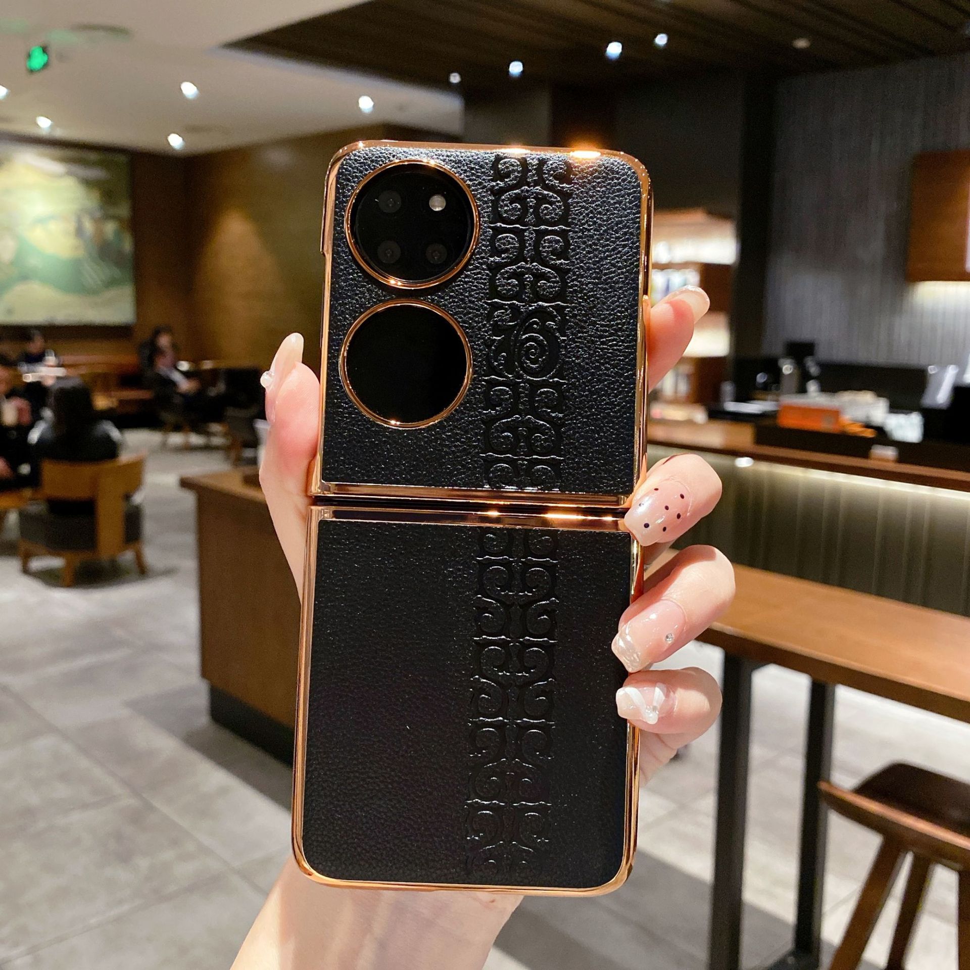 Huawei P50 Pocket Phone Case, P50 Treasure Box Foldable Screen Protective Leather Case, Vegan Leather with "Fu" Character, 5G Drop-Proof Applicable - Black "福" (Fu) character Huawei P50 pocket