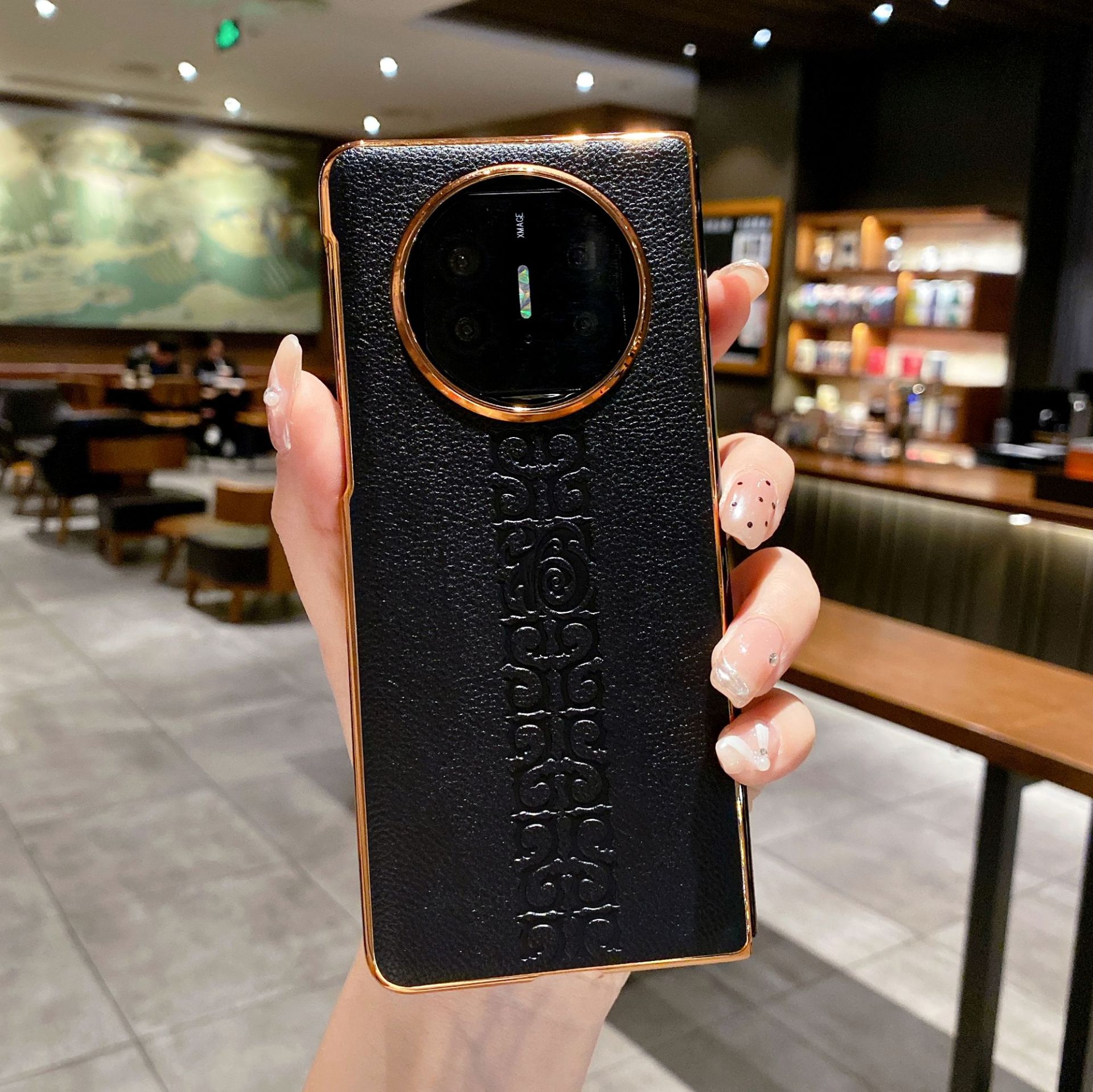 Compatible with Huawei Mate X5 phone case, MATE X3 foldable screen light luxury electroplated vegan leather drop-proof protective case - Black "福" (Fu) character Mate X5