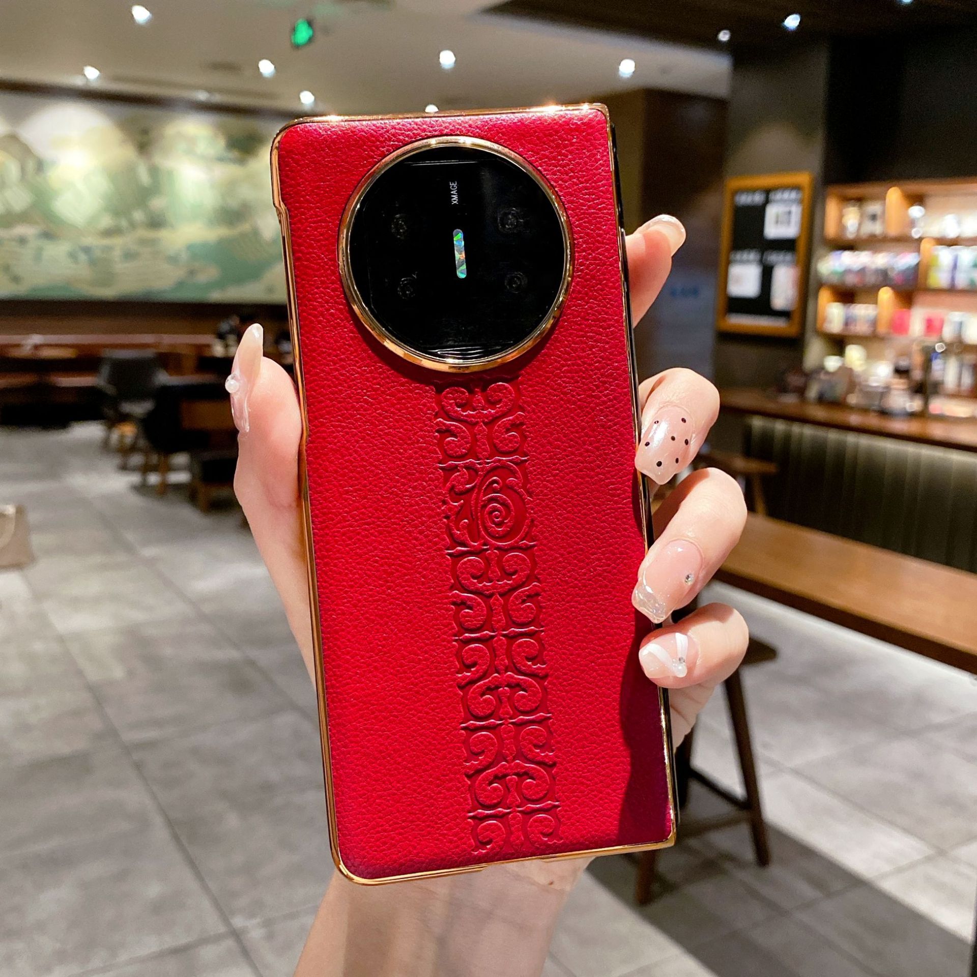 Compatible with Huawei Mate X5 phone case, MATE X3 foldable screen light luxury electroplated vegan leather drop-proof protective case - Red "福" (Fu) character mateX5