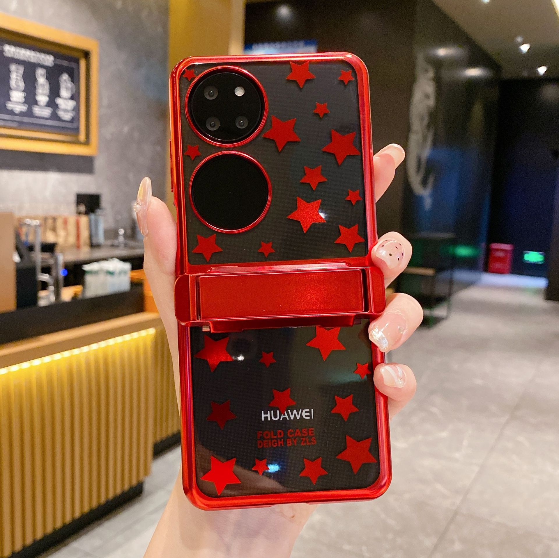 Huawei P50 Pocket phone case, foldable screen hinge, electroplated transparent, P50 treasure box, full-coverage stand, drop-proof and suitable. - Red starry sky stand P50 pocket