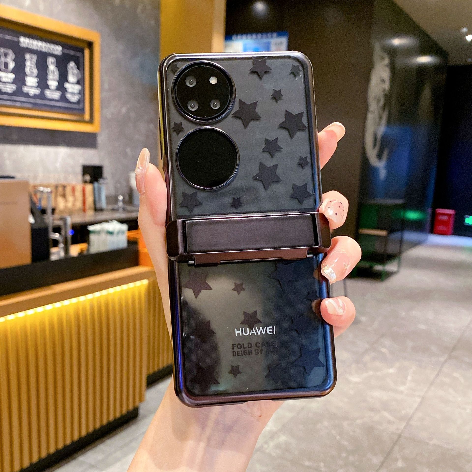 Huawei P50 Pocket phone case, foldable screen hinge, electroplated transparent, P50 treasure box, full-coverage stand, drop-proof and suitable. - Black starry sky stand P50 pocket
