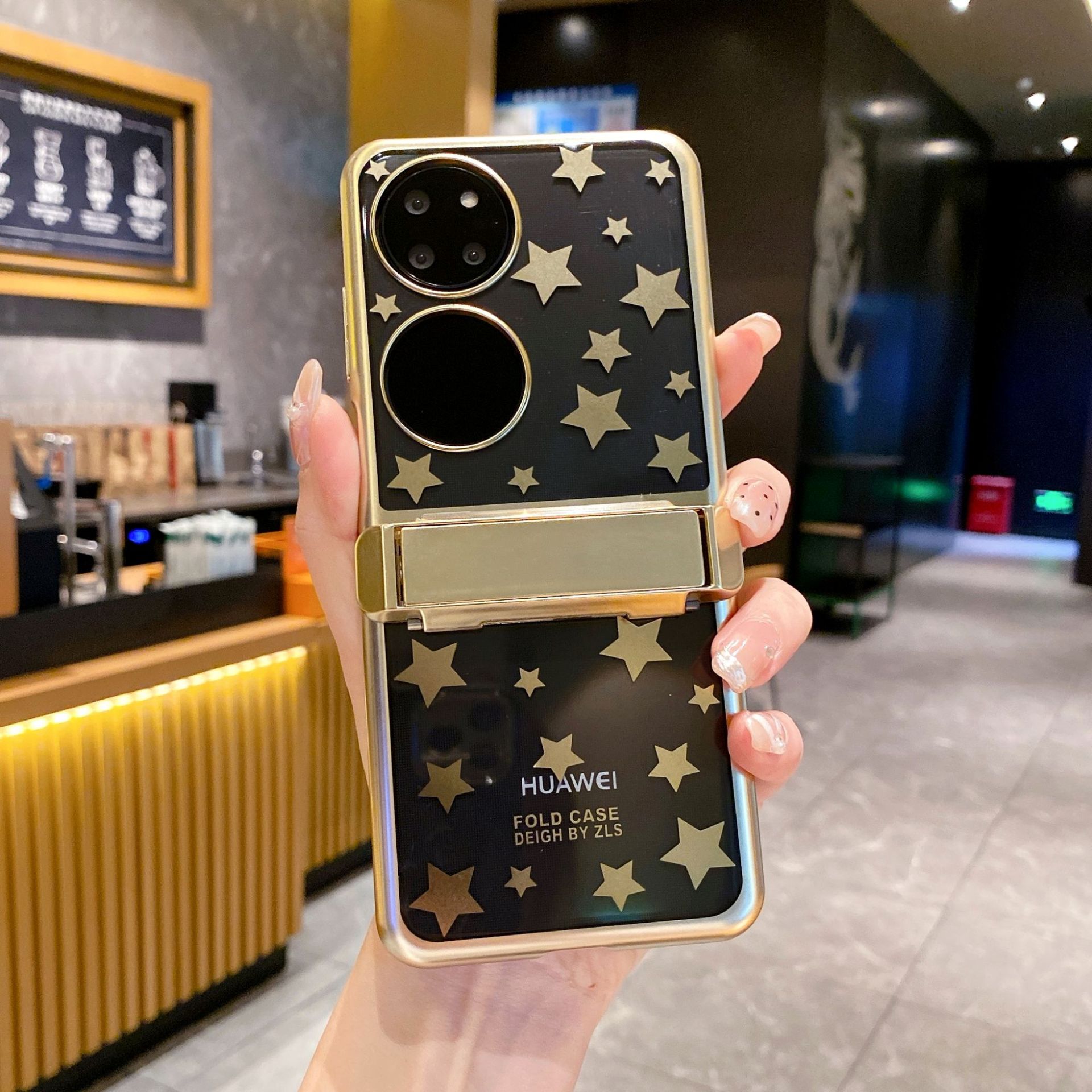 Huawei P50 Pocket phone case, foldable screen hinge, electroplated transparent, P50 treasure box, full-coverage stand, drop-proof and suitable. - Gold Starry Sky Stand P50 Pocket