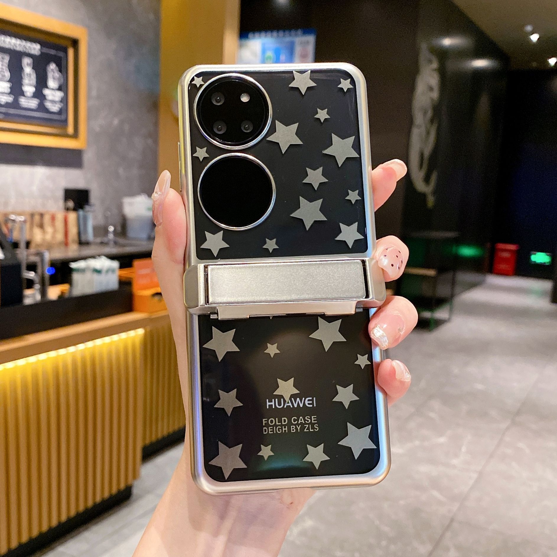 Huawei P50 Pocket phone case, foldable screen hinge, electroplated transparent, P50 treasure box, full-coverage stand, drop-proof and suitable. - Silver starry sky stand P50 pocket