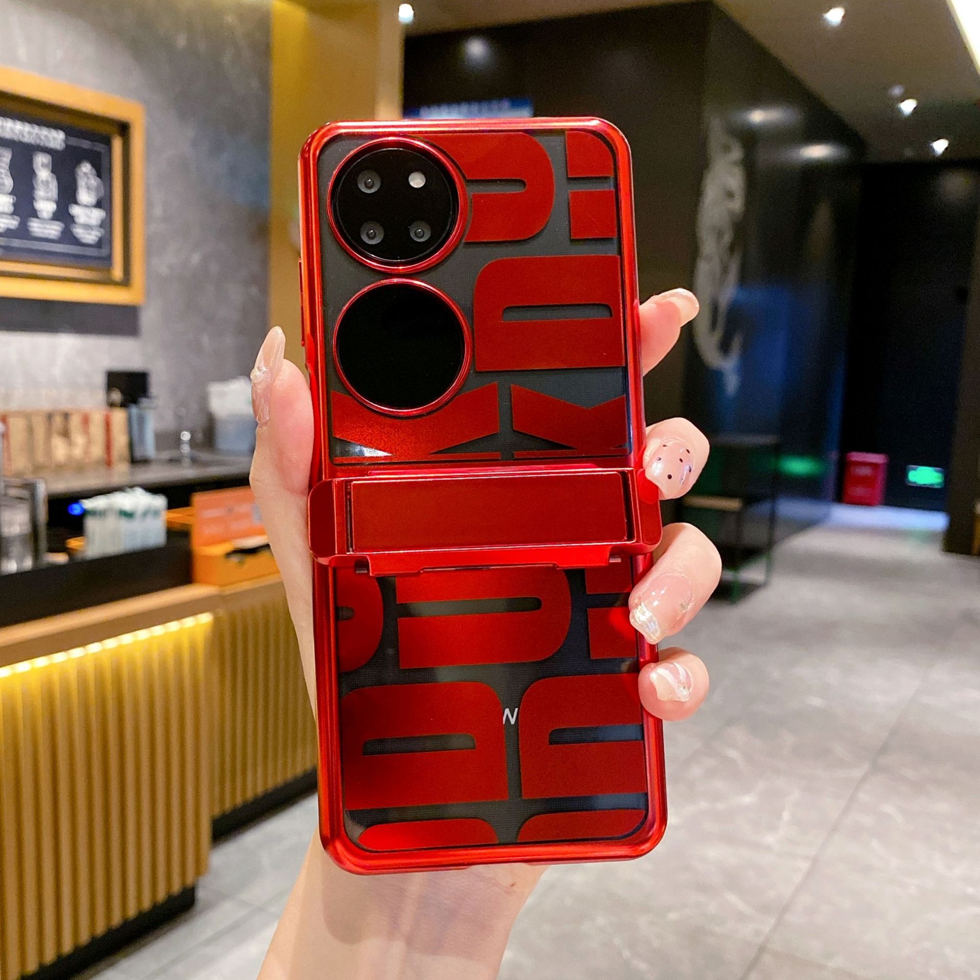 Compatible with Huawei P50 Pocket phone case, P50 foldable screen trendy stand hinge full-coverage drop-proof protective leather case - Red trendy stand Huawei P50 pocket