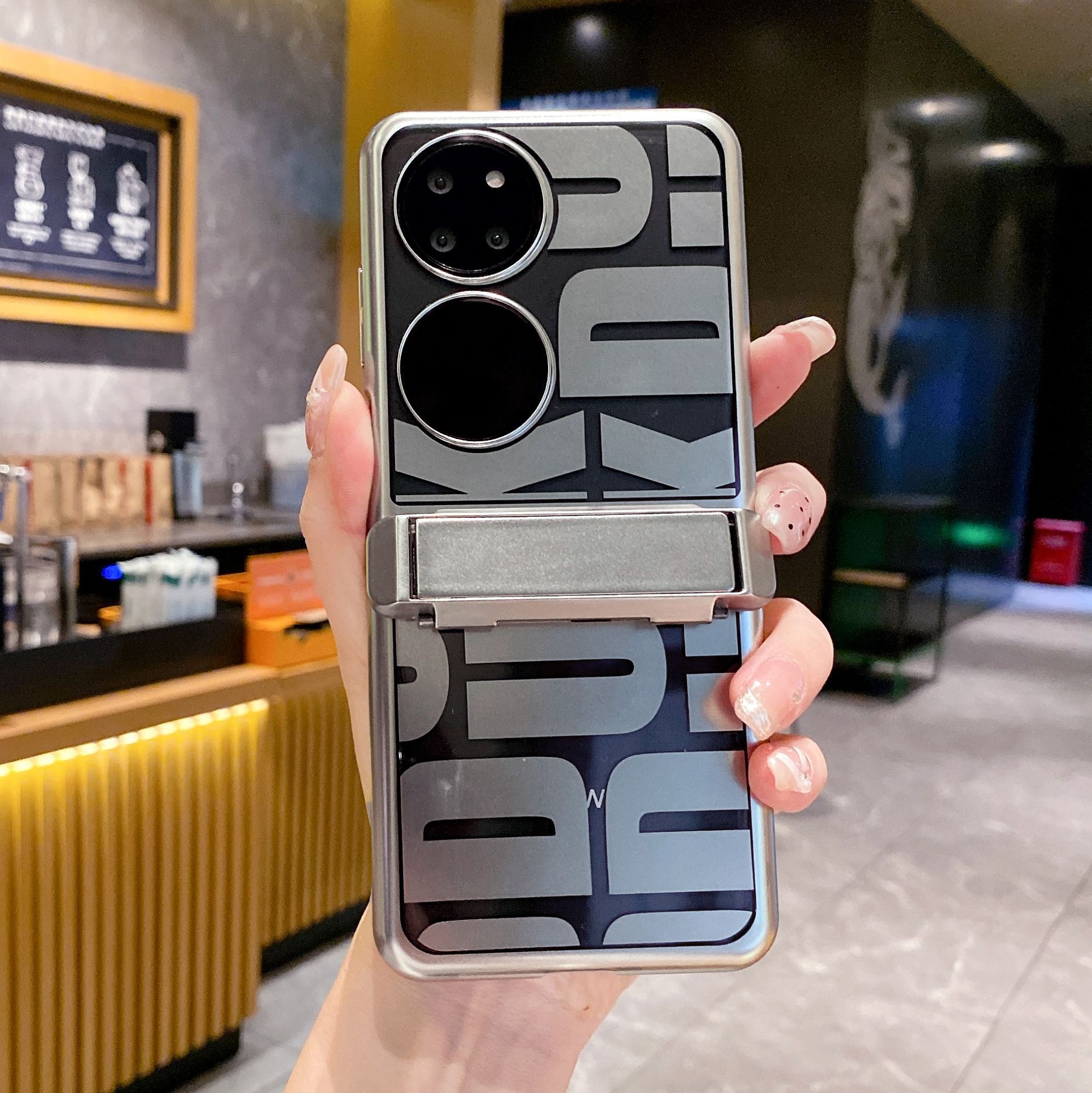 Compatible with Huawei P50 Pocket phone case, P50 foldable screen trendy stand hinge full-coverage drop-proof protective leather case - Silver trendy stand Huawei P50 pocket