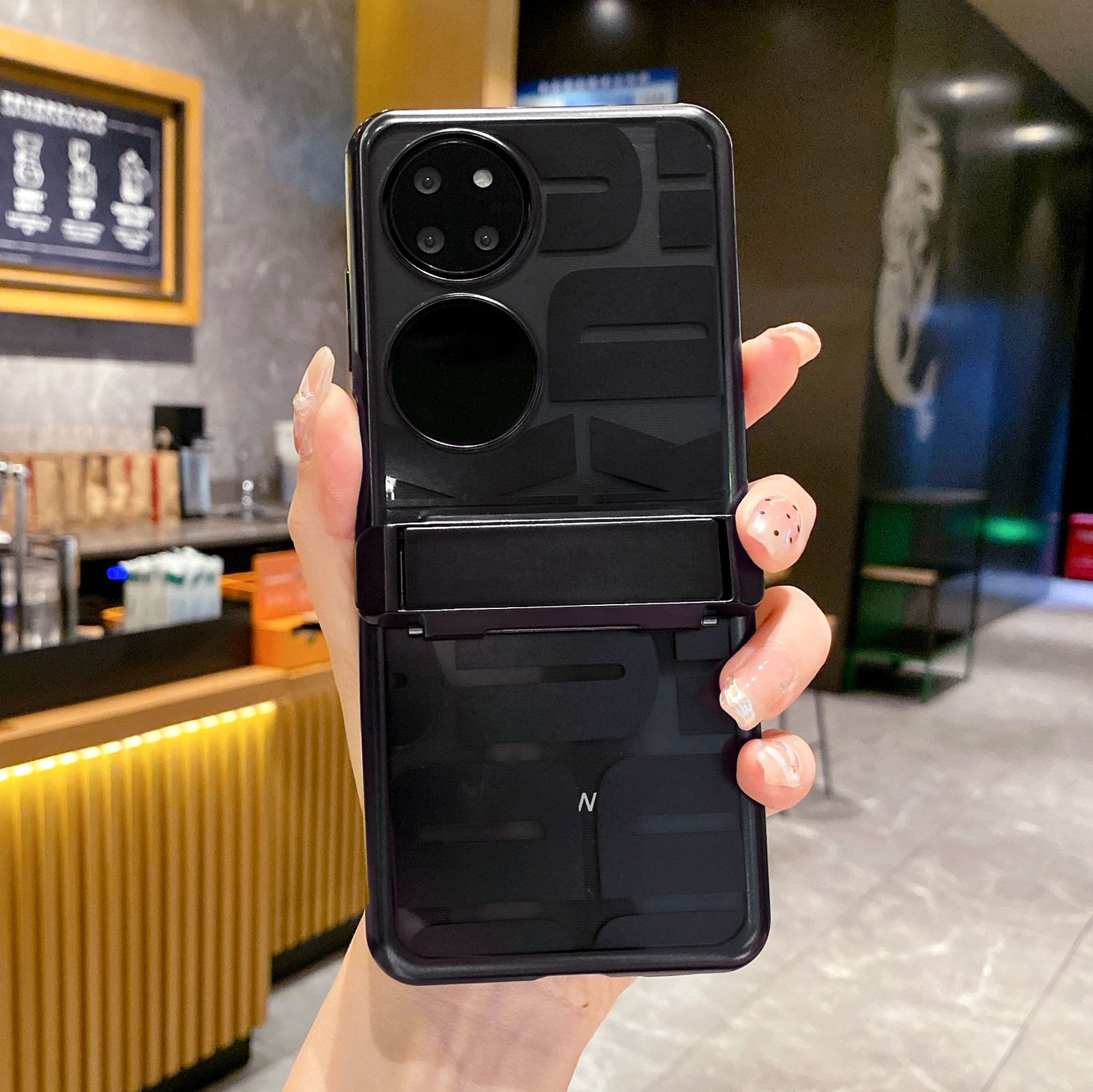 Compatible with Huawei P50 Pocket phone case, P50 foldable screen trendy stand hinge full-coverage drop-proof protective leather case - Black trendy stand Huawei P50 pocket