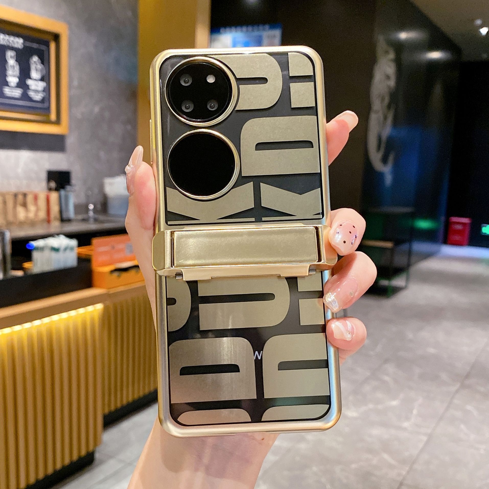 Compatible with Huawei P50 Pocket phone case, P50 foldable screen trendy stand hinge full-coverage drop-proof protective leather case - Gold-plated trendy stand Huawei P50 pocket