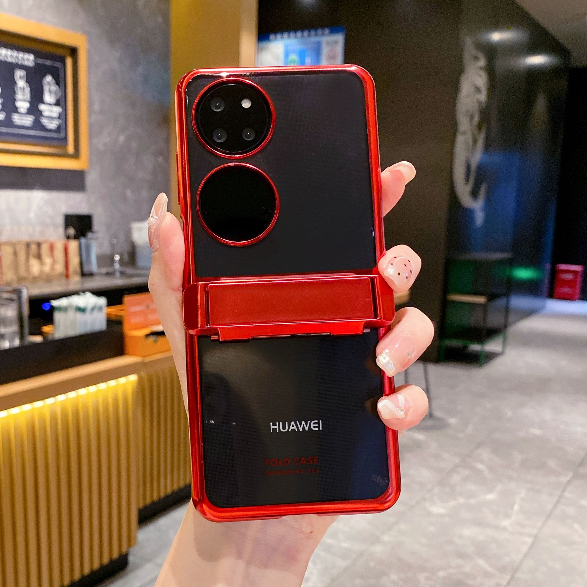Huawei P50 Pocket phone case, foldable screen electroplated transparent protective case, P50 hinge bracket, drop-proof case. - Red Phantom Stand Huawei P50 Pocket