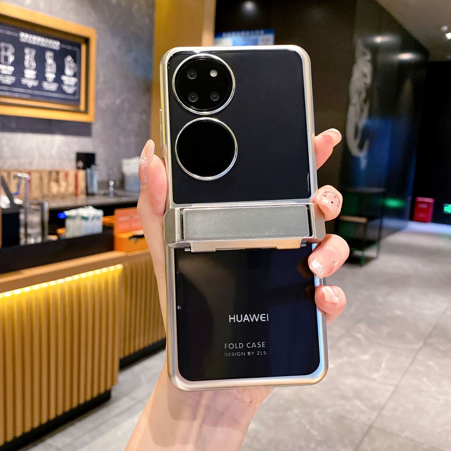 Huawei P50 Pocket phone case, foldable screen electroplated transparent protective case, P50 hinge bracket, drop-proof case. - Silver Phantom Stand Huawei P50 Pocket