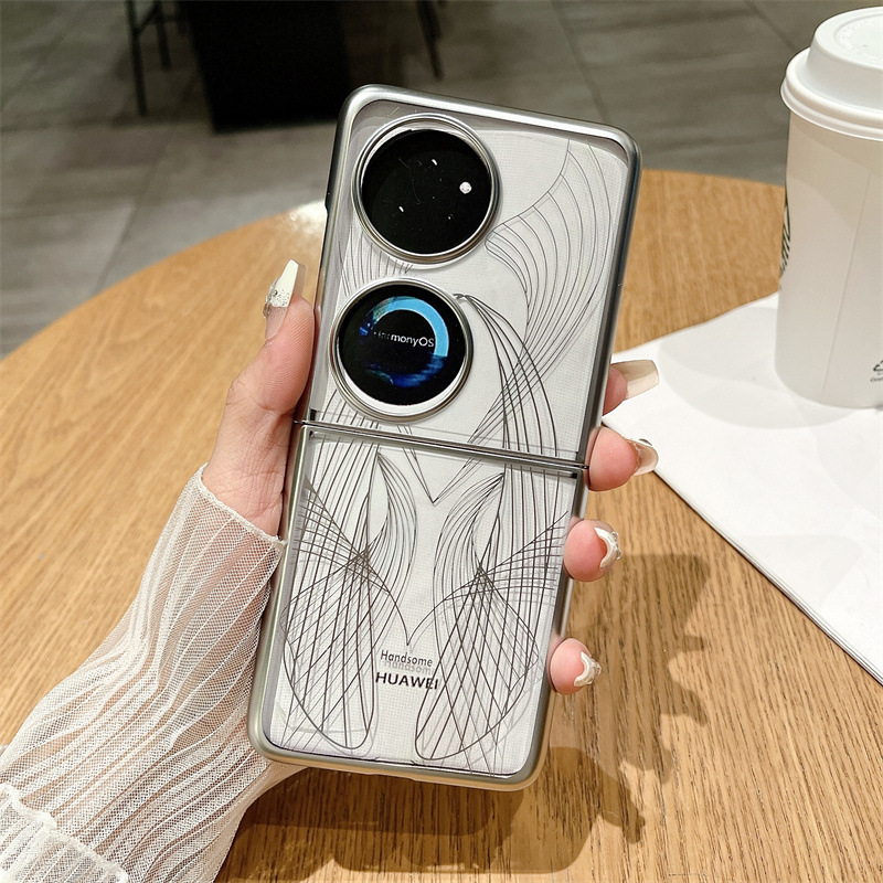 Compatible Huawei Pocket 2 phone case with P50 foldable screen, electroplated phantom art pattern, full-coverage drop-proof protective leather case. - Silver Mechanical Legend Huawei Pocket 2