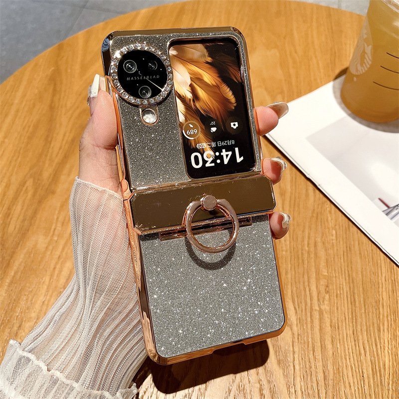 Suitable for OPPO Find N3 Flip phone case with vegan leather hinge and N3FLIP diamond lens shockproof protective case - Black Starry Night Goddess OPPO Find N3flip