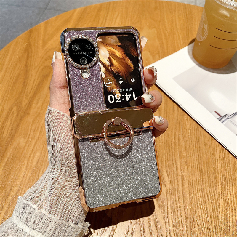 Suitable for OPPO Find N3 Flip phone case with vegan leather hinge and N3FLIP diamond lens shockproof protective case - Purple Starry Sky Goddess OPPO Find N3flip