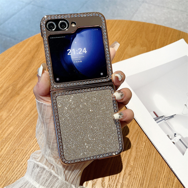 Compatible with Samsung ZFlip 7FE phone case, ZFLIP 6 foldable screen diamond glitter full-coverage drop-proof protective leather case - Golden Ice Girl Samsung ZFlip 7FE