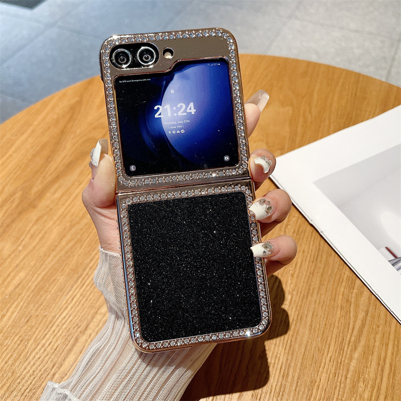 Compatible with Samsung ZFlip 7FE phone case, ZFLIP 6 foldable screen diamond glitter full-coverage drop-proof protective leather case - Black Ice Girl Samsung ZFlip 7FE
