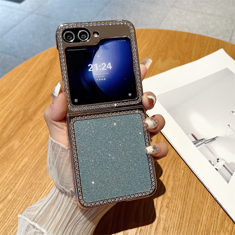 Compatible with Samsung ZFlip 7FE phone case, ZFLIP 6 foldable screen diamond glitter full-coverage drop-proof protective leather case - Blue Ice and Snow Girl Samsung ZFlip 7FE