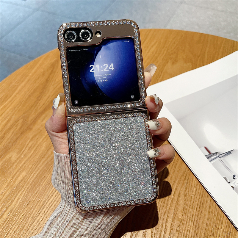 Compatible with Samsung ZFlip 7FE phone case, ZFLIP 6 foldable screen diamond glitter full-coverage drop-proof protective leather case - Silver Ice Girl Samsung ZFlip 7FE