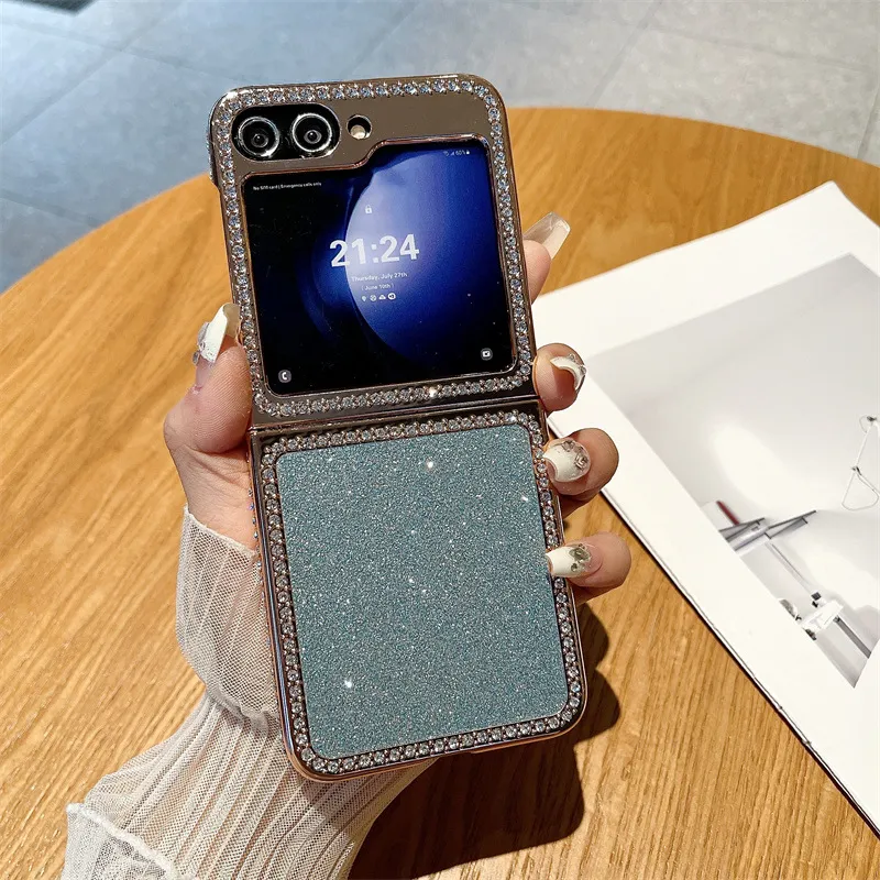 Compatible with Samsung ZFlip 7FE phone case, ZFLIP 6 foldable screen diamond glitter full-coverage drop-proof protective leather case - Blue Ice and Snow Girl Samsung ZFlip 7FE