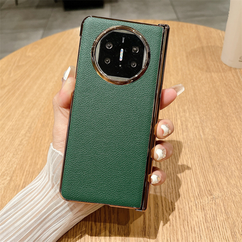 Compatible with Huawei Mate X5 phone case, MATE X3 foldable screen, light luxury electroplated leather hinge, drop-proof protective case - Green lychee-patterned magnetic closure Mate X5