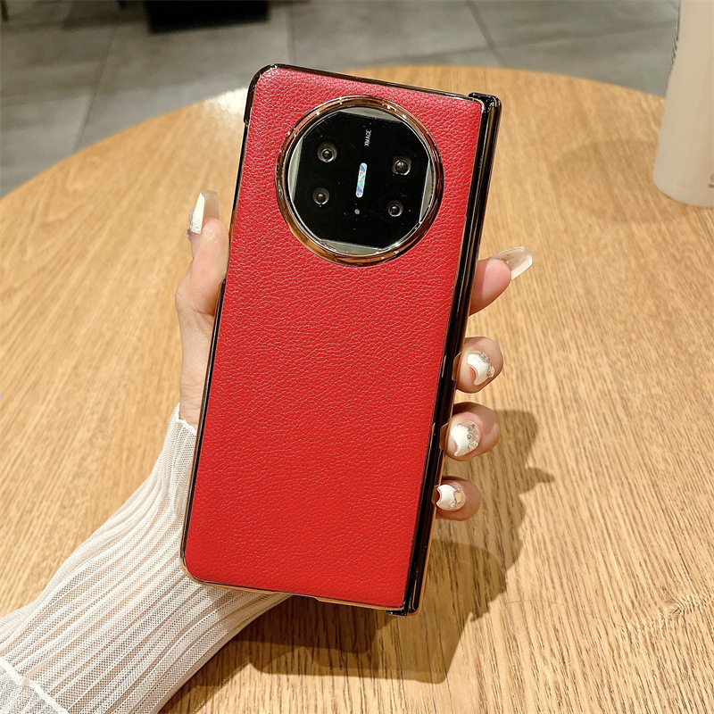 Compatible with Huawei Mate X5 phone case, MATE X3 foldable screen, light luxury electroplated leather hinge, drop-proof protective case - Red lychee-patterned magnetic closure Mate X5