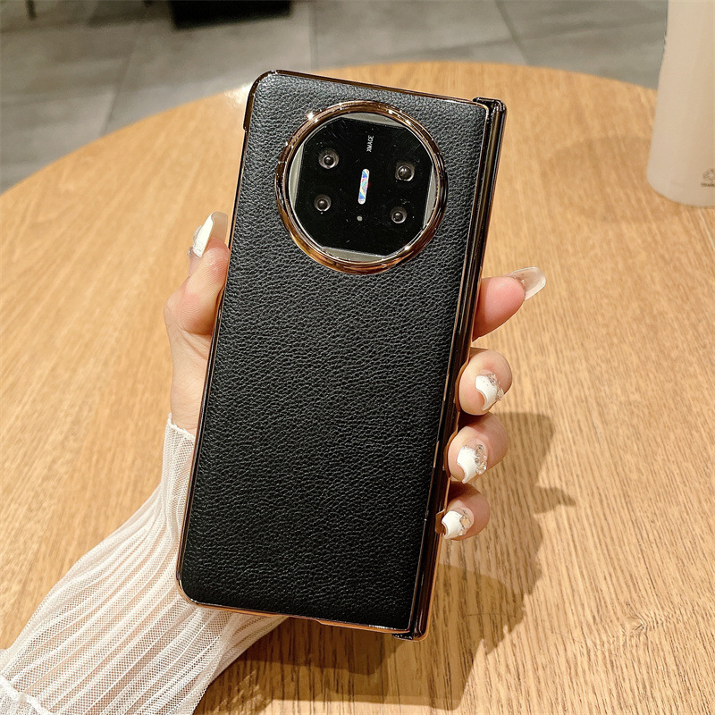 Compatible with Huawei Mate X5 phone case, MATE X3 foldable screen, light luxury electroplated leather hinge, drop-proof protective case - Black lychee-patterned magnetic closure Mate X5