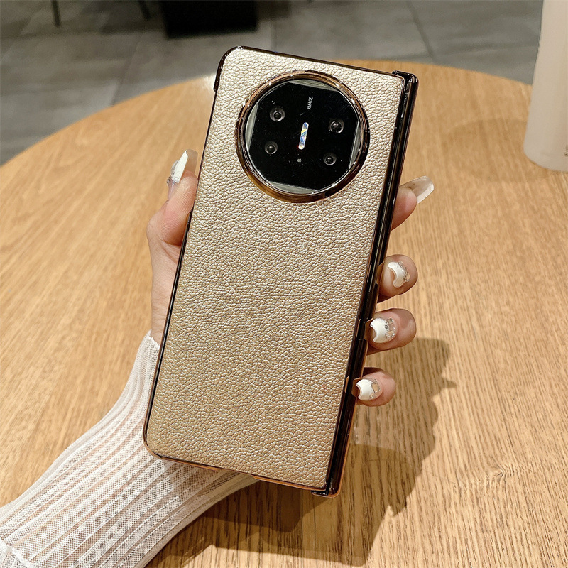 Compatible with Huawei Mate X5 phone case, MATE X3 foldable screen, light luxury electroplated leather hinge, drop-proof protective case - Gold lychee-patterned magnetic closure Mate X5