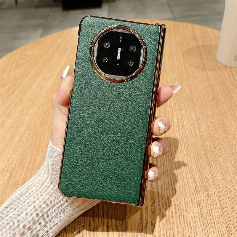 Compatible with Huawei Mate X5 phone case, MATE X3 foldable screen, light luxury electroplated leather hinge, drop-proof protective case - Green lychee-patterned magnetic closure Mate X5