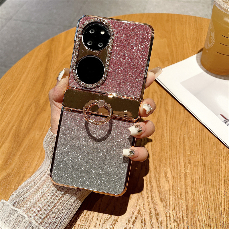 Huawei P50 Pocket Phone Case, P50 Foldable Screen Protector, Glitter, Vegan Leather, Hinge, Full Coverage, Drop Protection - Pink Starry Sky Goddess Huawei P50 Pocket