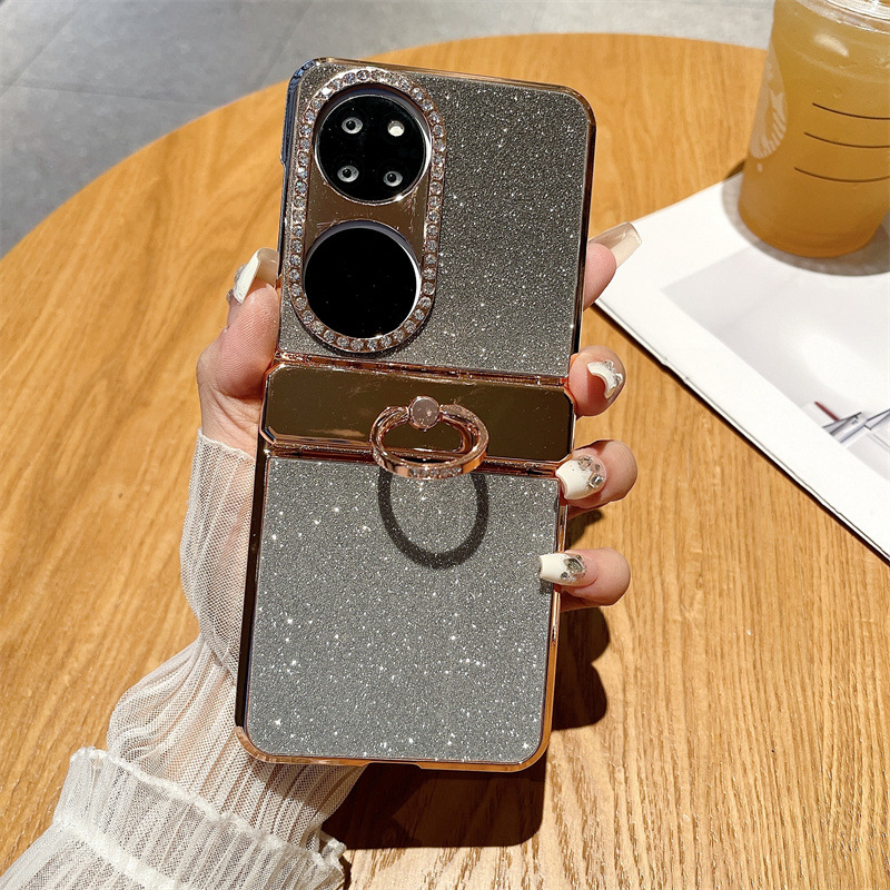 Huawei P50 Pocket Phone Case, P50 Foldable Screen Protector, Glitter, Vegan Leather, Hinge, Full Coverage, Drop Protection - Black Starry Night Goddess Huawei P50 Pocket