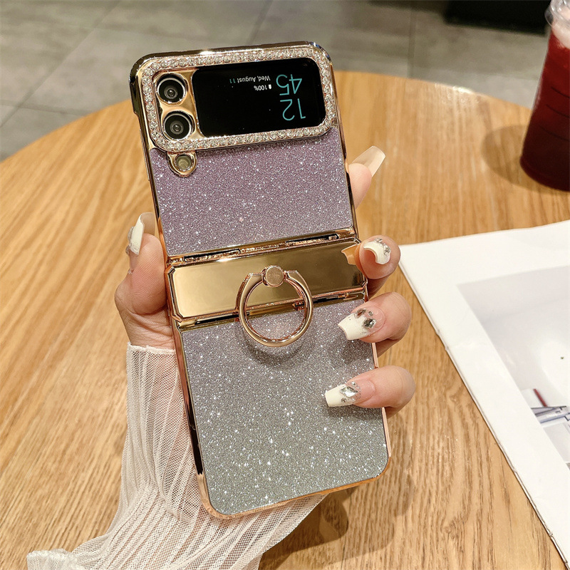 Compatible with Samsung ZFlip 4 phone case, ZFLIP 3 foldable screen diamond glitter full-coverage drop-proof protective leather case - Purple Starry Sky Goddess zflip4