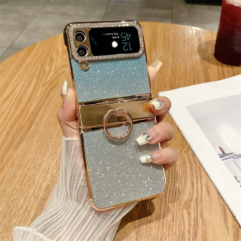 Compatible with Samsung ZFlip 4 phone case, ZFLIP 3 foldable screen diamond glitter full-coverage drop-proof protective leather case - Blue Starry Sky Goddess zflip4