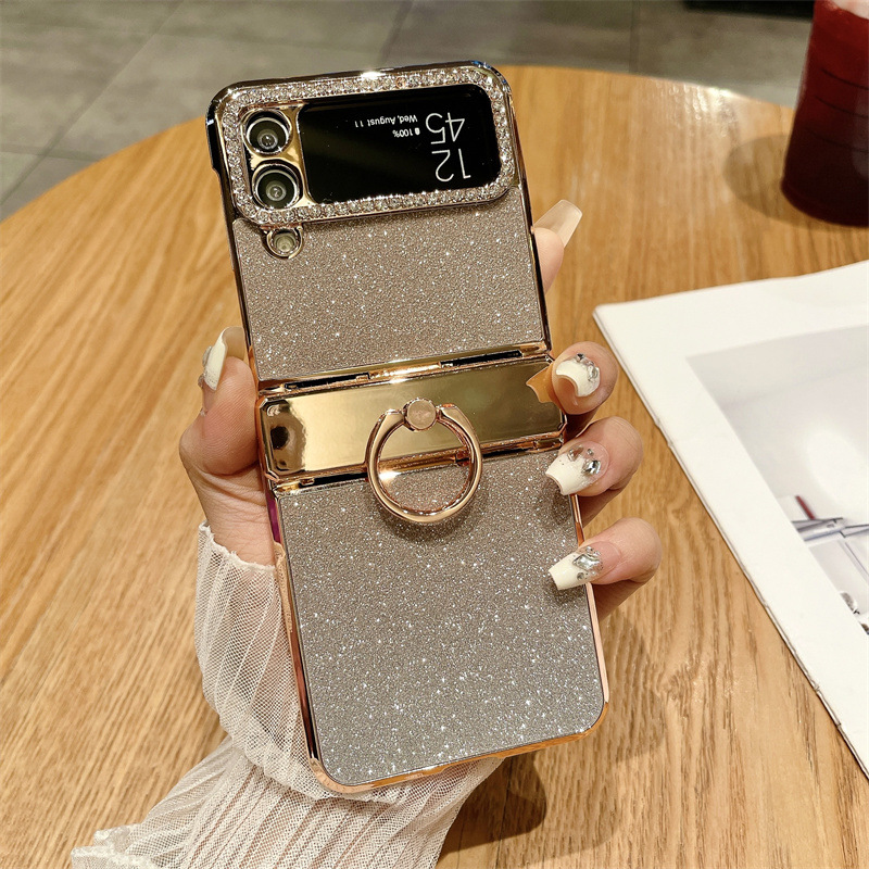 Compatible with Samsung ZFlip 4 phone case, ZFLIP 3 foldable screen diamond glitter full-coverage drop-proof protective leather case - Golden Starry Sky Goddess zflip4