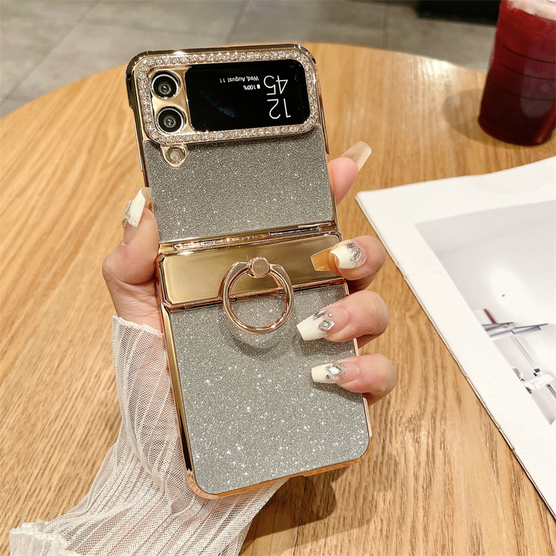 Compatible with Samsung ZFlip 4 phone case, ZFLIP 3 foldable screen diamond glitter full-coverage drop-proof protective leather case - Black Starry Goddess zflip4