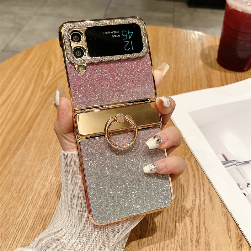 Compatible with Samsung ZFlip 4 phone case, ZFLIP 3 foldable screen diamond glitter full-coverage drop-proof protective leather case - Pink Starry Sky Goddess zflip4