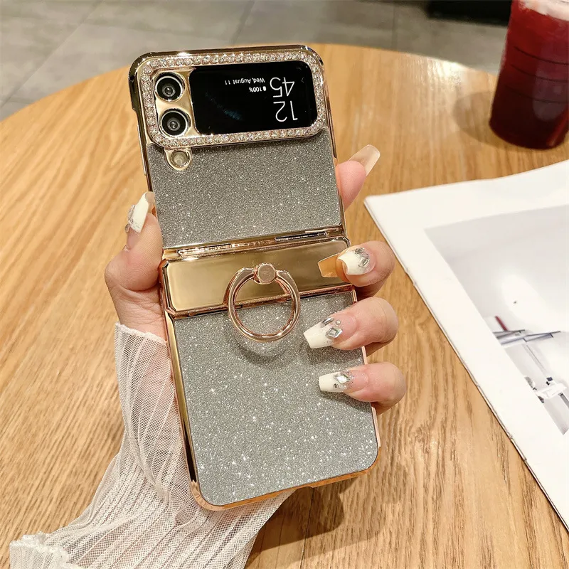 Compatible with Samsung ZFlip 4 phone case, ZFLIP 3 foldable screen diamond glitter full-coverage drop-proof protective leather case - Black Starry Goddess zflip4