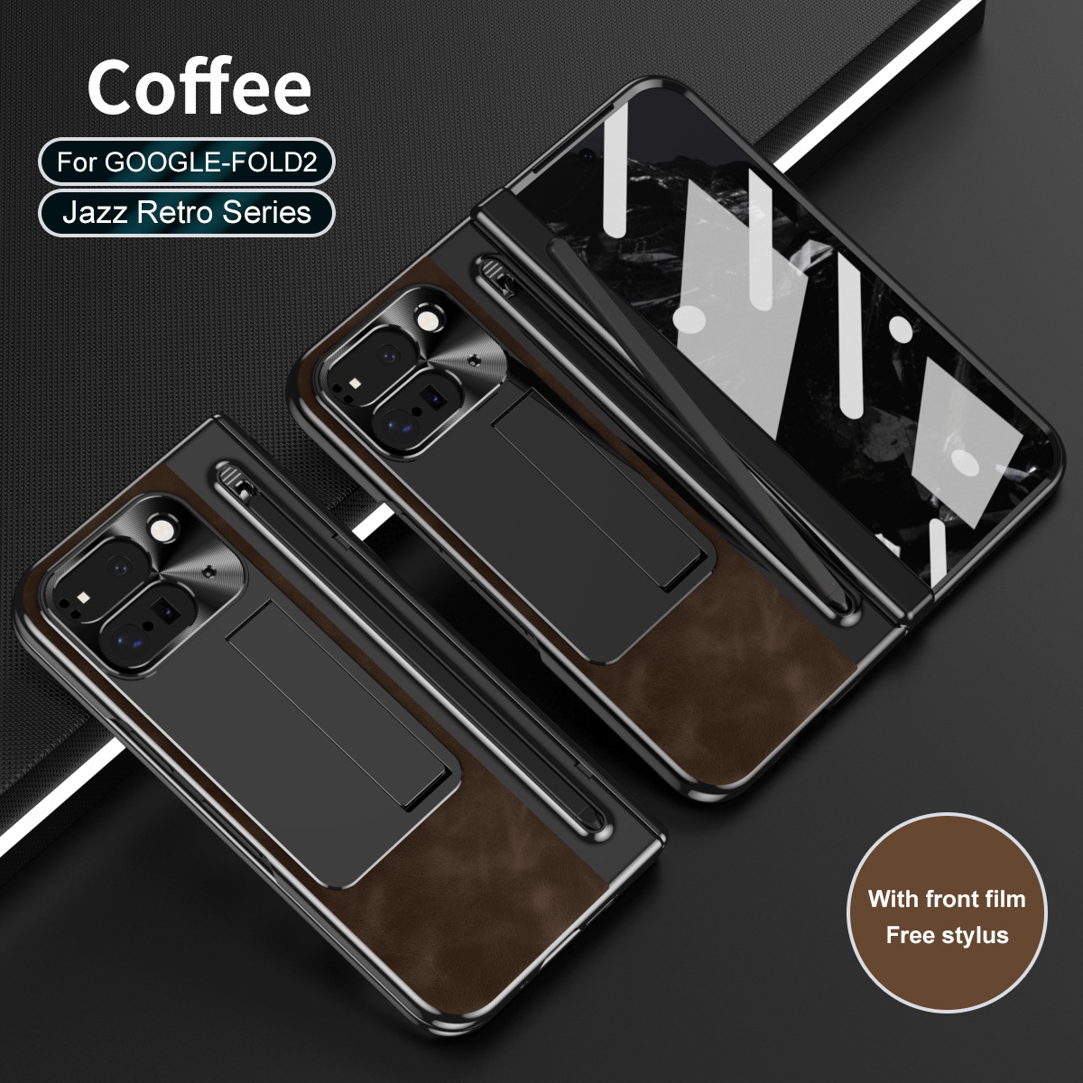 Compatible with Google Pixel 9 Pro phone case, featuring a leather hinge and full-coverage drop protection. - Coffee Brown Jazz Google Pixel 9 Pro