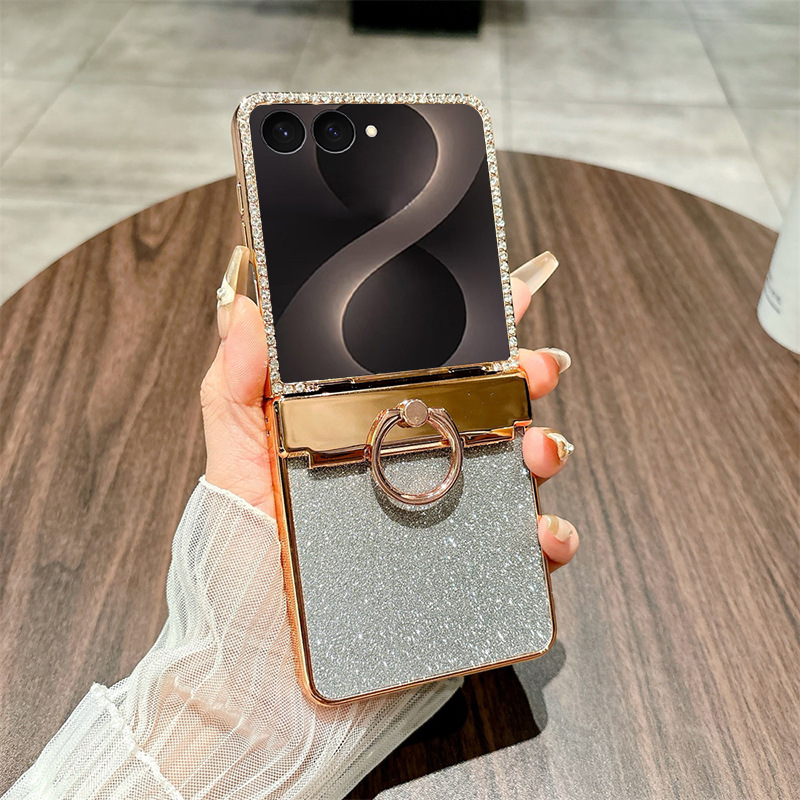 Compatible with Samsung ZFlip 8 phone case, ZFLIP 7 foldable screen glitter ring hinge full-coverage drop-proof protective leather case - Silver Starry Sky Goddess Flip8