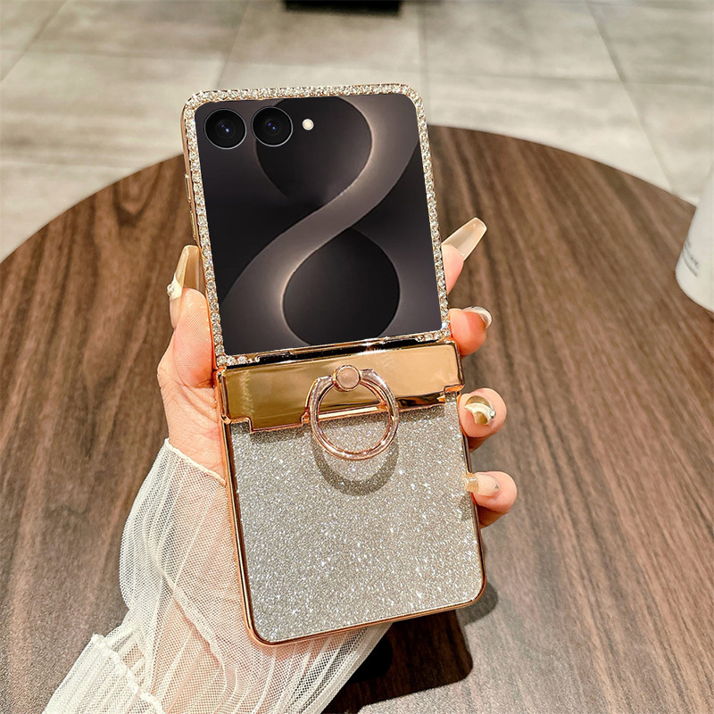 Compatible with Samsung ZFlip 8 phone case, ZFLIP 7 foldable screen glitter ring hinge full-coverage drop-proof protective leather case - Golden Starry Sky Goddess Flip8