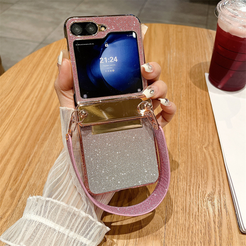 Compatible with Samsung ZFlip 6 phone case, ZFLIP 5 foldable screen glitter wrist strap, full-coverage drop-proof protective leather case - Pink gradient starry wristband zflip6