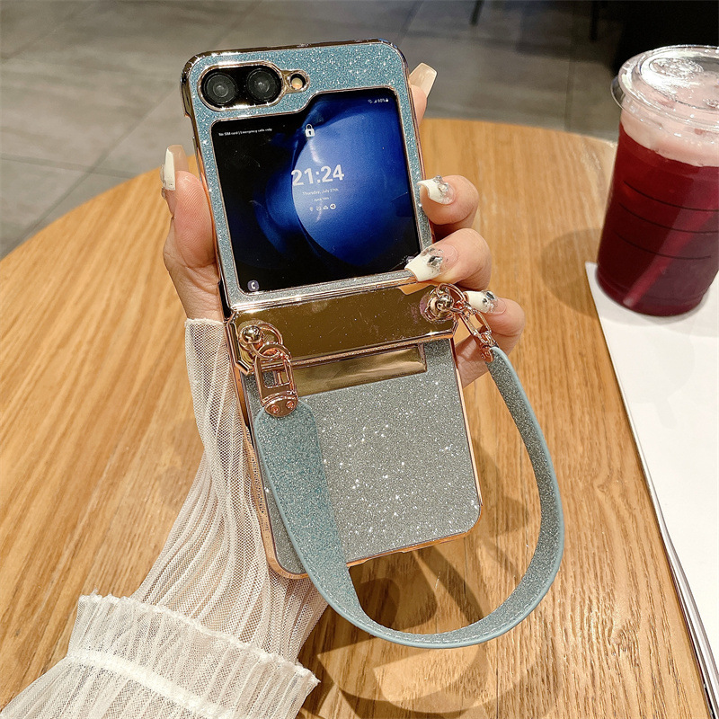 Compatible with Samsung ZFlip 6 phone case, ZFLIP 5 foldable screen glitter wrist strap, full-coverage drop-proof protective leather case - Blue gradient starry wristband zflip6