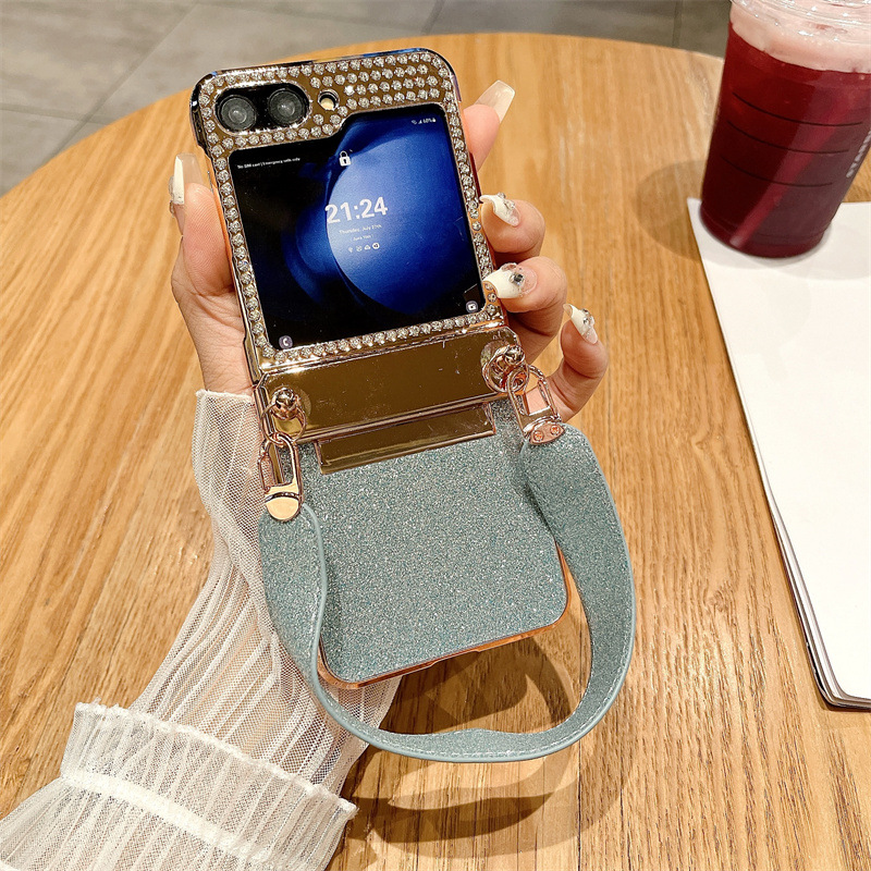 Compatible with Samsung ZFlip 6 phone case, ZFLIP 5 foldable screen glitter wrist strap, full-coverage drop-proof protective leather case - Blue starry wristband zflip6